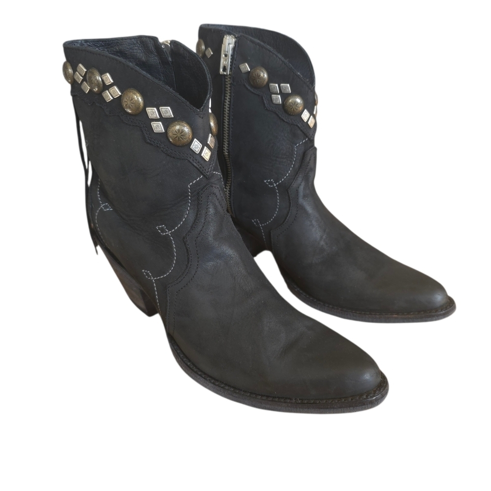 Yippee Ki Yay Old Gringo Black Leather Ankle Boots Fringe & Studded Western 8.5 - Picture 14 of 16